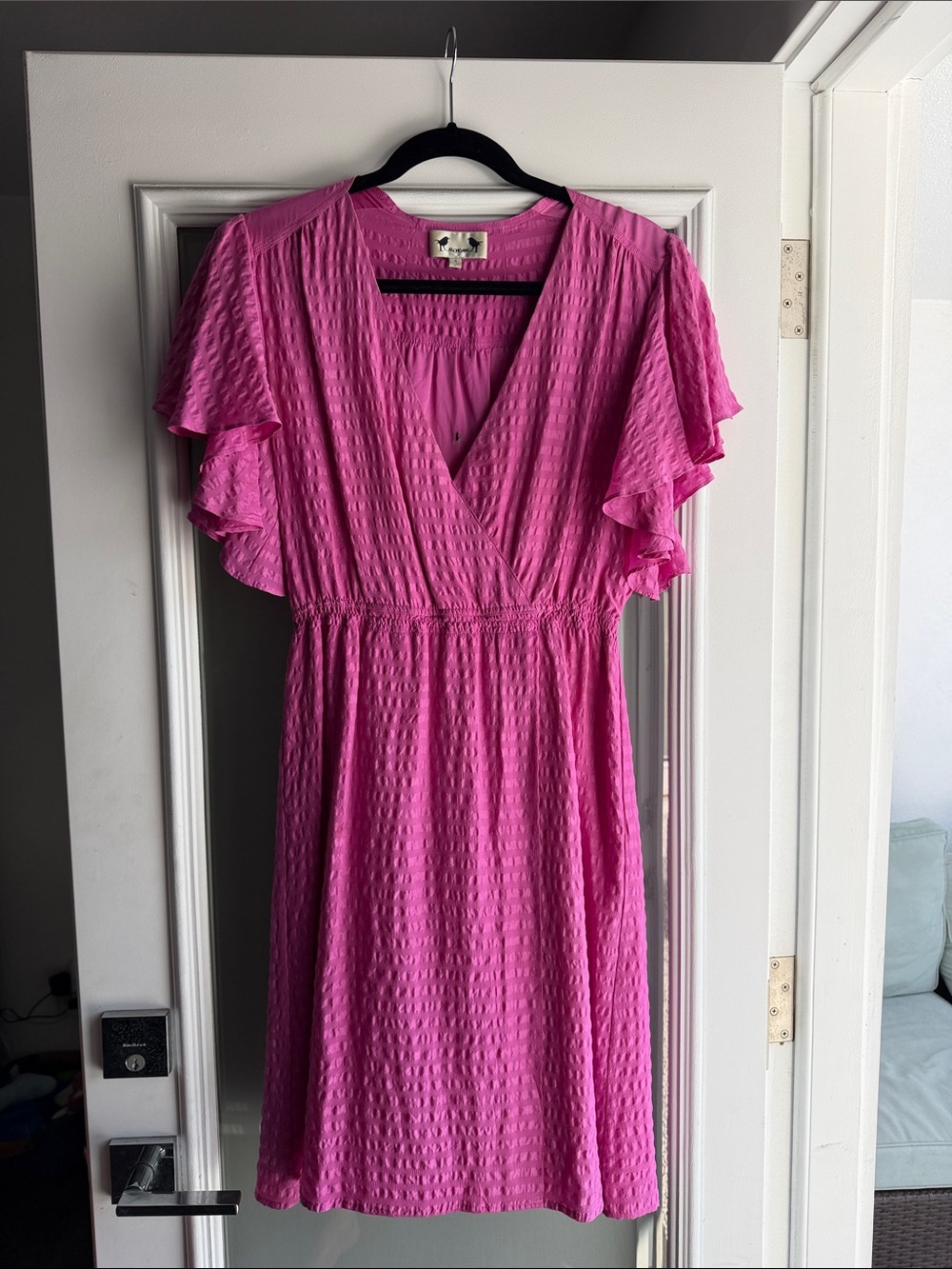 Flutter Sleeve V-Neck Midi Dress in Bright Pink